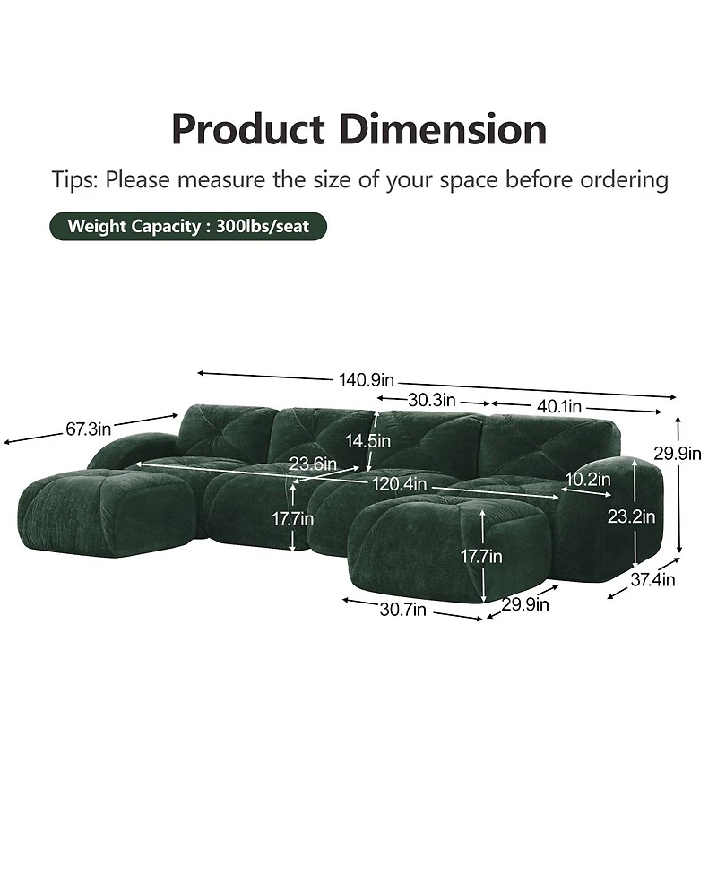 Streamdale Furniture U-shaped Boneless Sofa, Tufted, 32D High Density Sponge, Anti-Slip