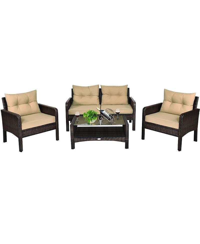 Slickblue 4PCS Patio Rattan Loveseat Seating Set with Cushioned Chairs