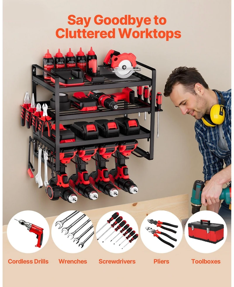 Mecale Wall-Mount Power Tool Organizer, 4-Tier Storage Rack with 4 Drill Holders, Screwdriver Holder, Garage Tool Storage Rack