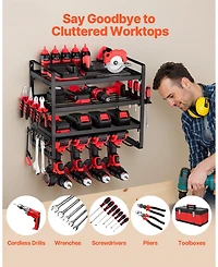 Mecale Wall-Mount Power Tool Organizer, 4-Tier Storage Rack with 4 Drill Holders, Screwdriver Holder, Garage Tool Storage Rack