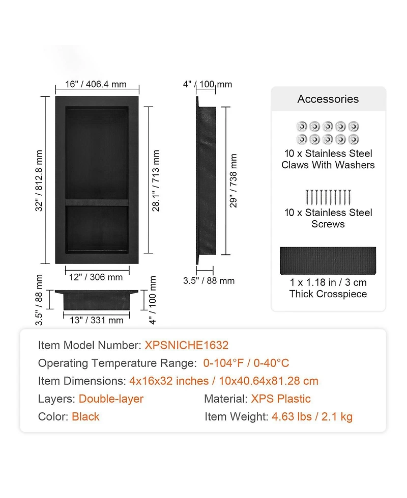 Volenca Shower Niche, Ready for Tile, 16" x 32", Double Shelf, Recessed Wall Insert, Sealed Waterproof, Square Corners, Black