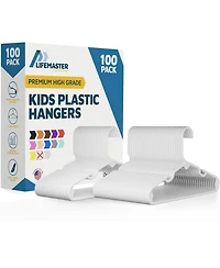 Lifemaster Kids Plastic Hangers, White, 11.6", with shoulder notches, space-saving, hold 5 lbs, ideal for baby, toddler & kids clothes, 100-pack.