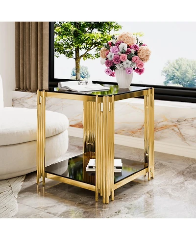 Streamdale Furniture Modern Black Mirror End Table with Gold Finish & Lower Shelf, 19.9