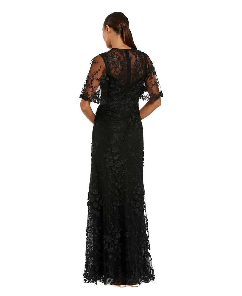 Mac Duggal Women's Flutter Sleeve Floral Emboridered Net Gown