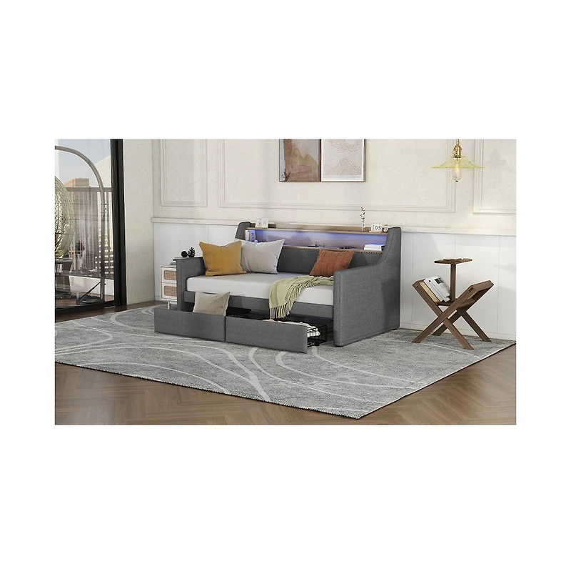 Streamdale Furniture Daybed with Storage Drawers, Upholstered Daybed with Charging Station and Led Lights