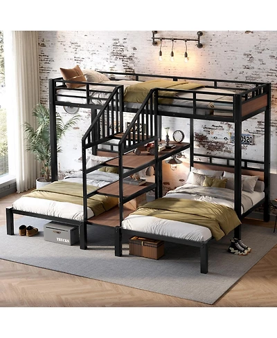 Streamdale Furniture Triple Metal Bunk Bed with Shelves & Stairs