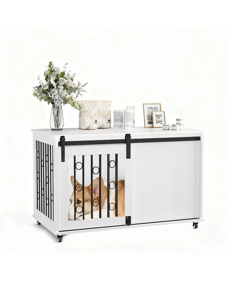 Aostirmotor Dog Crate with Metal Bars and Lockable Wheels in White