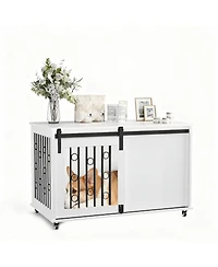 Aostirmotor Dog Crate with Metal Bars and Lockable Wheels in White