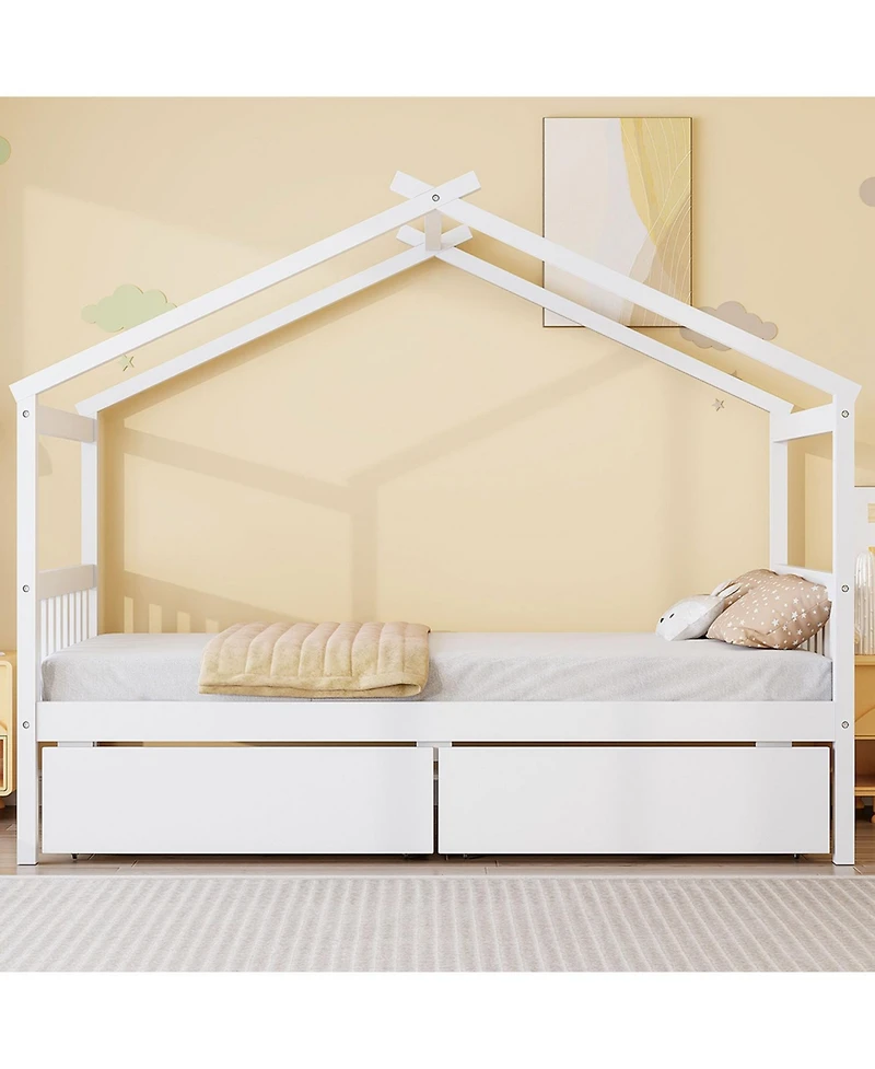 Streamdale Furniture Twin Wooden House Bed with Drawers
