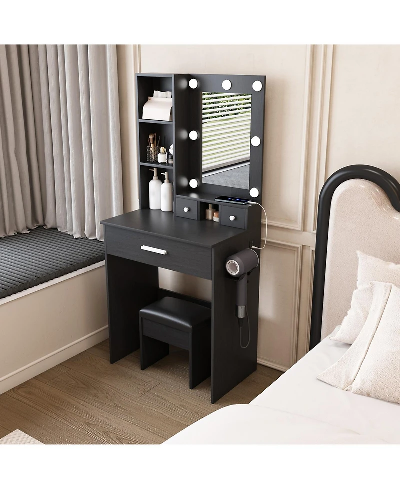 Streamdale Furniture Vanity Table with Led Lights, Power, Hairdryer Holder & Stool - Black