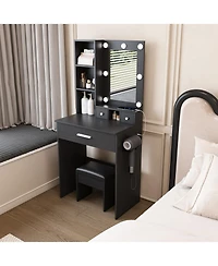 Streamdale Furniture Vanity Table with Led Lights, Power, Hairdryer Holder & Stool - Black
