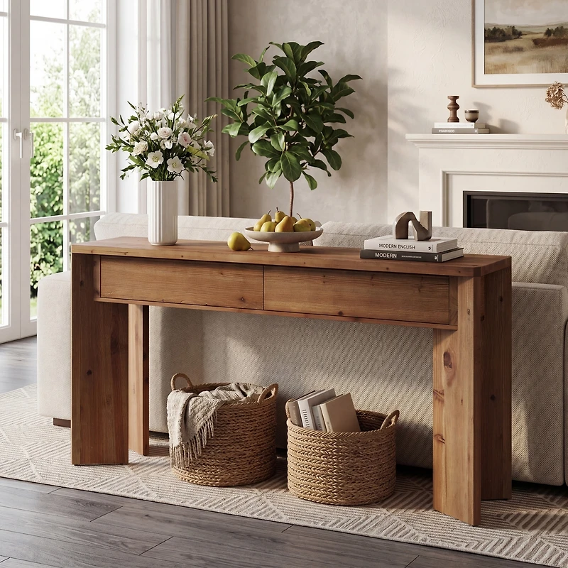 Tribesigns 63-Inch Solid Wood Console Table with 2 Drawers, Farmhouse Entryway Table, Narrow Sofa Table, Vanity Table