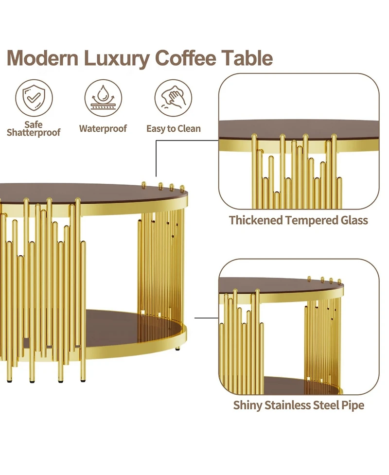 Streamdale Furniture 31.5" Modern Gold Coffee Table, Brown Tempered Glass, Stainless Steel Legs