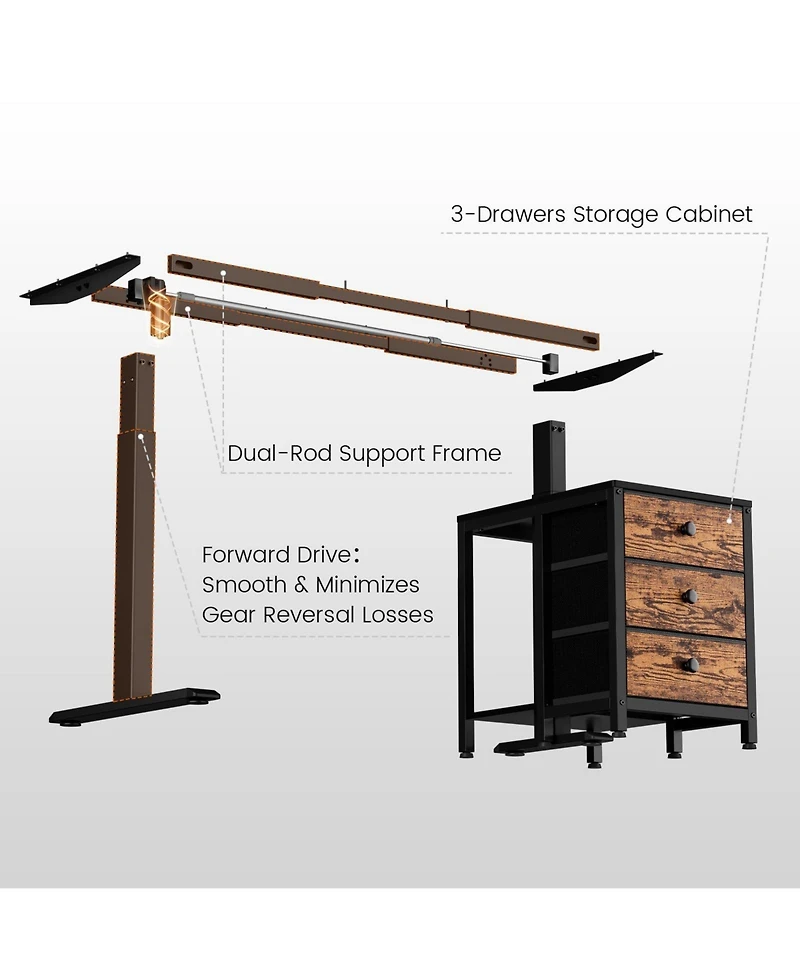 Homlux 47x24" Sit-Stand Desk Height Adjustable Computer with 2 Hooks, Storage Drawers, Printer Cabinet, Brown