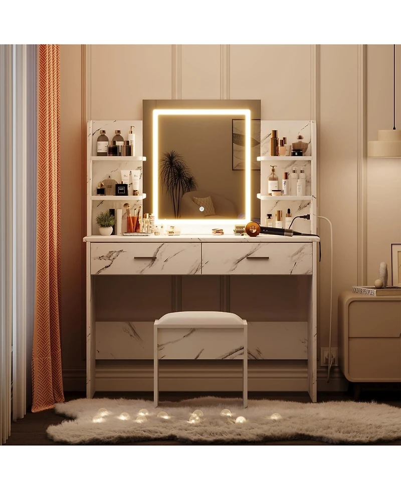 gaomon Vanity Desk with Mirror and Lights, Makeup Vanity Set with Desk and Stool
