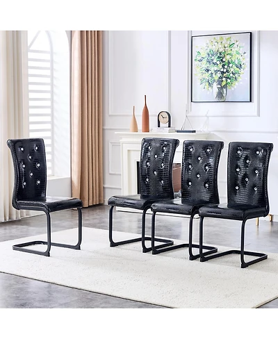 Streamdale Furniture Set of 4 Retro Alligator Upholstered Dining Chairs with Crystal Buckle, Black Legs