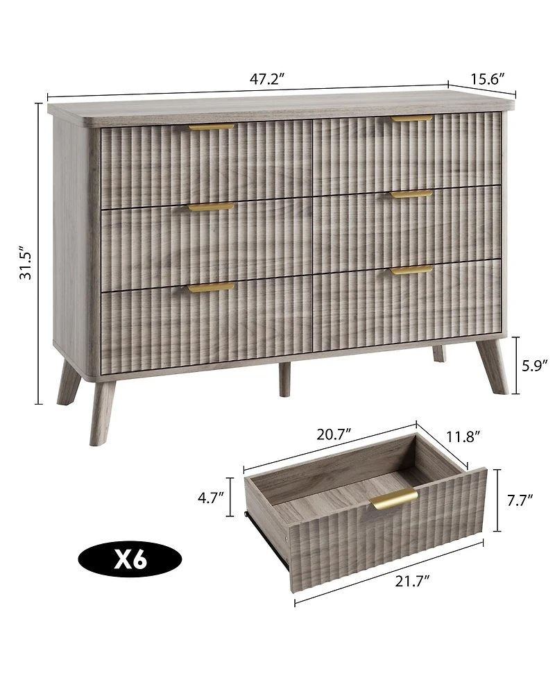 gaomon Fluted Dresser for Bedroom, 6 Deep Drawer Modern Wood Storage Chest, Grey