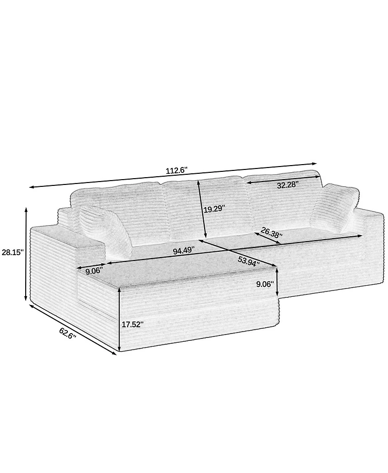 Streamdale Furniture Corduroy L-Shape Modular Sectional Sofa - Unfolds into a Bed