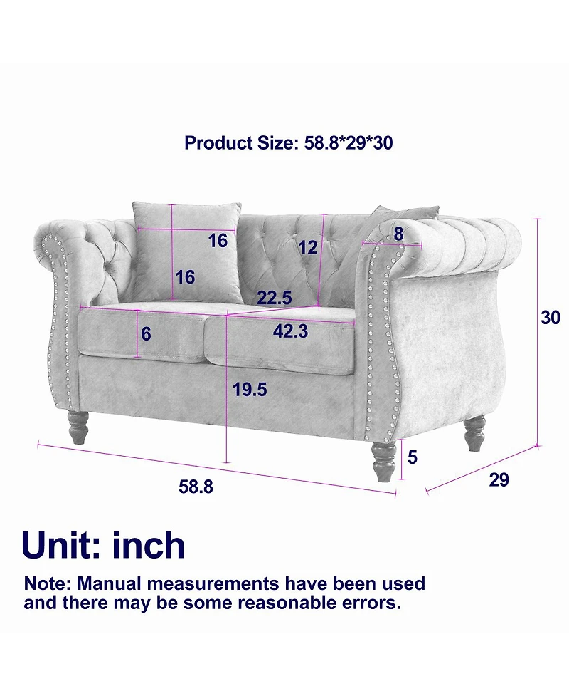 Streamdale Furniture Chesterfield 58.8" Velvet 2-Seater Tufted Sofa with Rolled Arms & Nailhead Accents