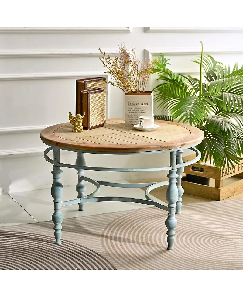 Streamdale Furniture Rustic Wooden Carved Coffee Table with Metal Legs