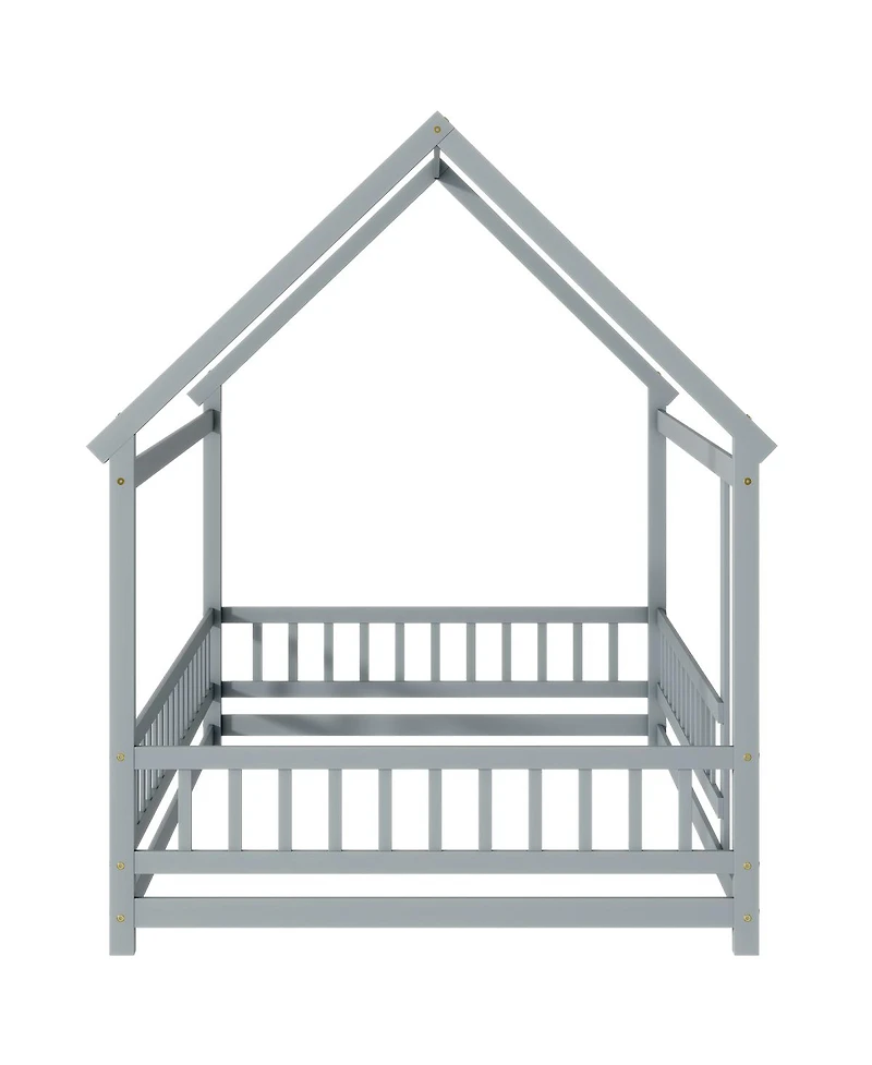 Streamdale Furniture Full Size House Floor Wooden Bed with Roof Frame, Safety Guardrails