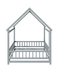 Streamdale Furniture Full Size House Floor Wooden Bed with Roof Frame, Safety Guardrails