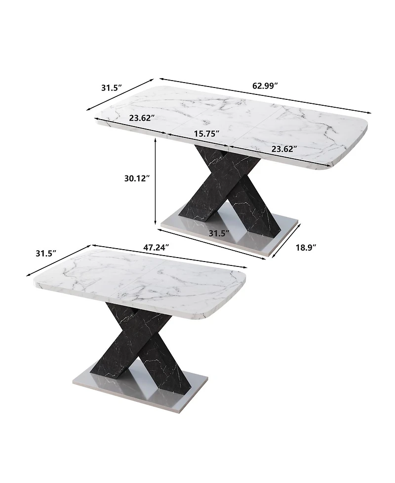 Streamdale Furniture Modern Rectangle Dining Table, Stretchable, Marble Top, X-Shape Leg