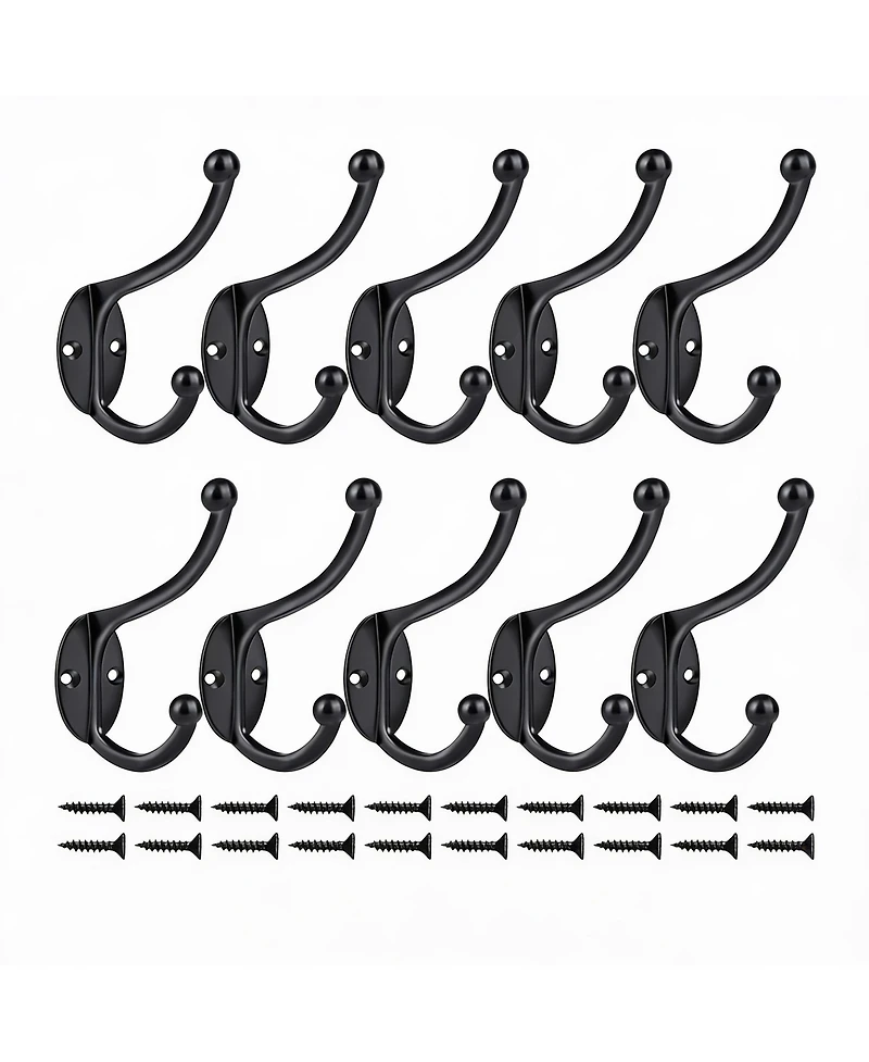 Yigii 10Pcs Black Zinc Die-Cast Coat Hooks, Dual Design, 35Lbs Capacity, Easy Install