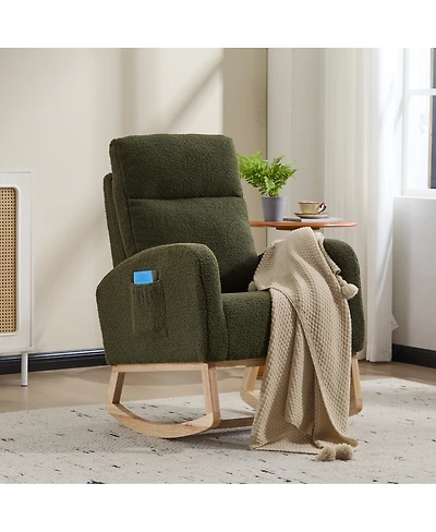 Streamdale Furniture Modern Accent Rocking Chair with Solid Wood Legs & Side Pocket (green, teddy