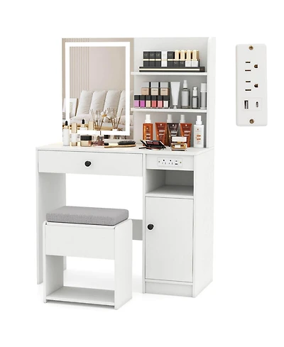 Costway Vanity Desk Set with Mirror & Lights Power Outlet Cushioned Stool