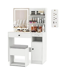 Costway Vanity Desk Set with Mirror & Lights Power Outlet Cushioned Stool