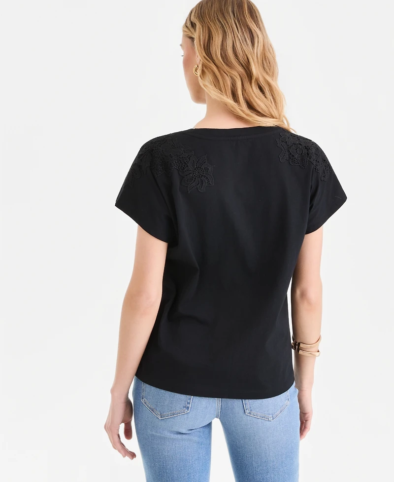 I.n.c. International Concepts Women's Lace-Trim Cotton T-Shirt, Macy's Exclusive