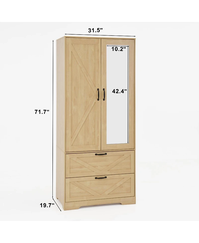 Streamdale Furniture 2-Door Wood Wardrobe with Hanging Rod, 2 Drawers, Mirror & Light