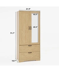 Streamdale Furniture 2-Door Wood Wardrobe with Hanging Rod, 2 Drawers, Mirror & Light