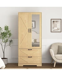 Streamdale Furniture 2-Door Wood Wardrobe with Hanging Rod, 2 Drawers, Mirror & Light