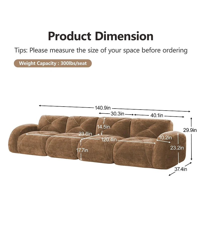 Streamdale Furniture Camel 140" Soft Velvet Boneless Sofa with Tufted Design, No Assembly Required