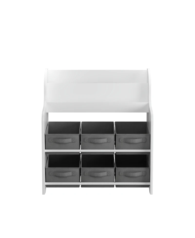 Streamdale Furniture Kids Bookshelf with 6 Fabric Bins, Multi-Functional Bookcase & Toy Organizer - White/Gray