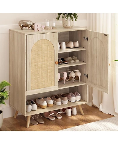 gaomon Rattan Shoe Cabinet with Doors, 4-Tier Entryway Shoe Organizer with Adjustable Shelves, Beige