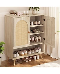 gaomon Rattan Shoe Cabinet with Doors, 4-Tier Entryway Shoe Organizer with Adjustable Shelves, Beige