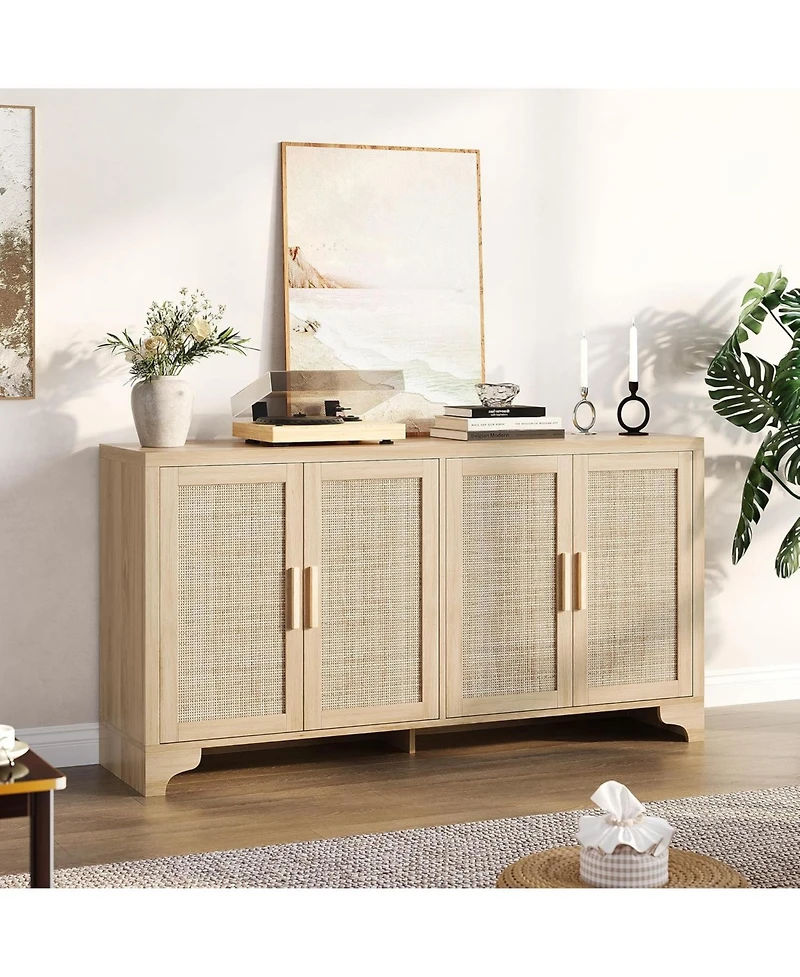 gaomon 4-Door Boho Sideboard Buffet Cabinet, Natural Rattan Storage Console for Dining Room, Living Room, Kitchen, Beige