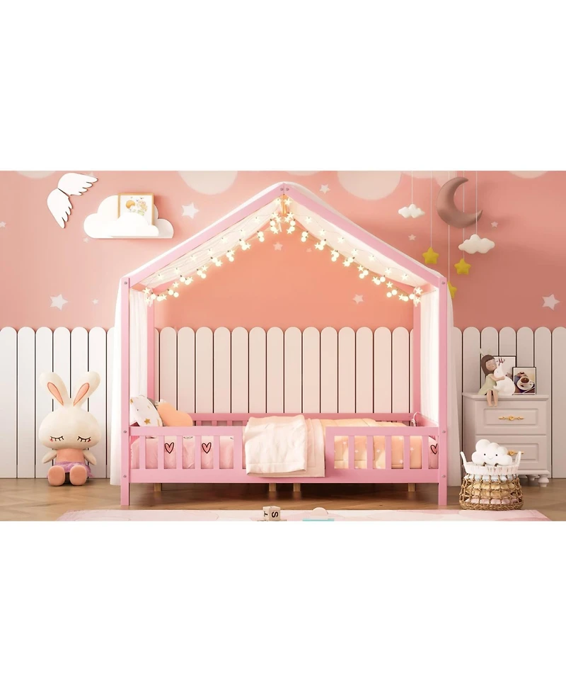 Streamdale Furniture Montessori Floor Bed with Canopy, Full House Shape Toddler Frame