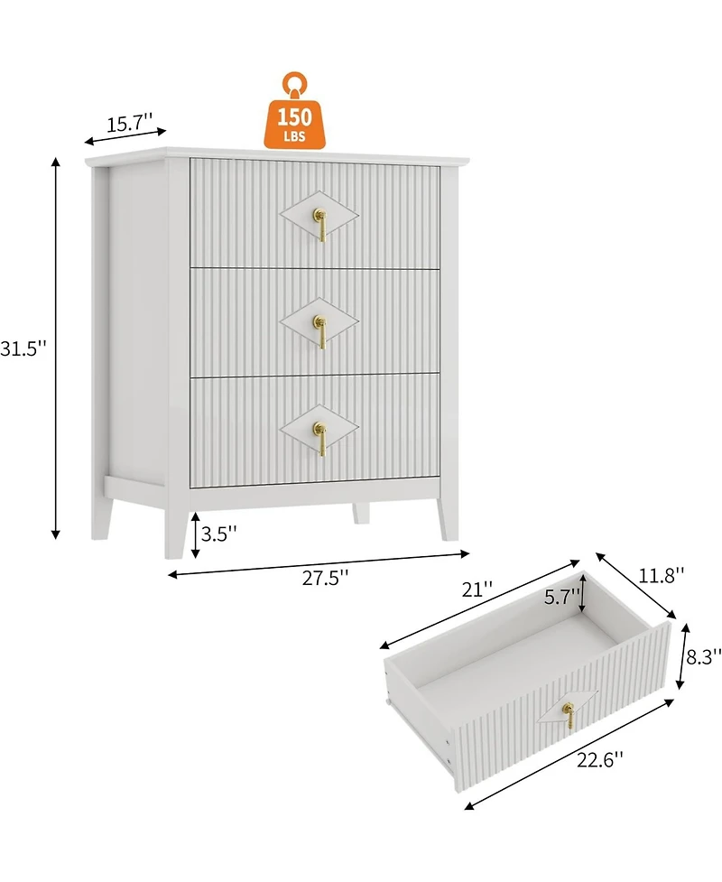 gaomon 27.5" Wide Fluted Dresser, 3 Drawer Modern Wood Nightstand Chest for Bedroom, White