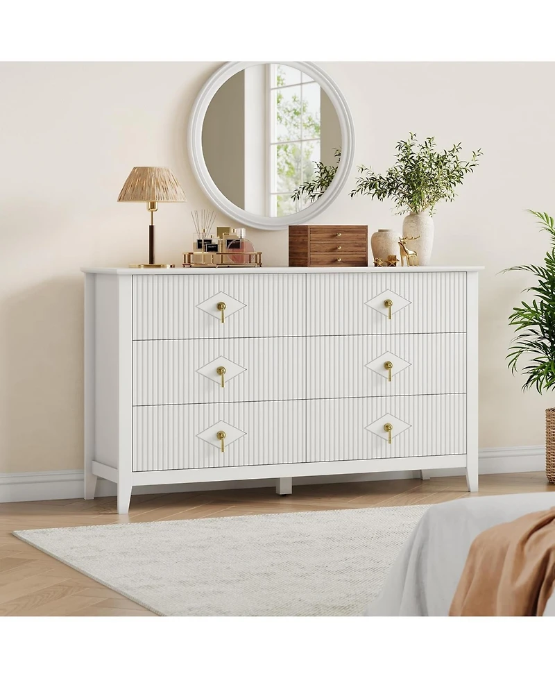 gaomon 54" Wide Fluted Dresser, 6 Drawer Modern Wood Storage Chest for Bedroom or Entryway
