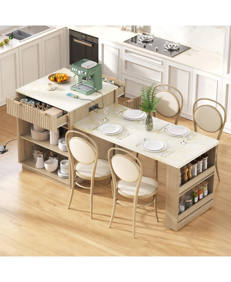 Streamdale Furniture Fluted Kitchen Island with Extendable Dining Table, Power Outlet & Storage
