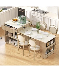 Streamdale Furniture Fluted Kitchen Island with Extendable Dining Table, Power Outlet & Storage