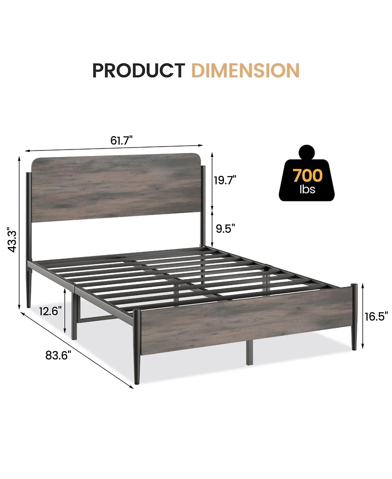 gaomon Bed Frame with Wooden Headboard and Footboard Metal Full Size Bed Frame No Box Spring Needed Easy to Assemble Noise Free Walnut - Queen