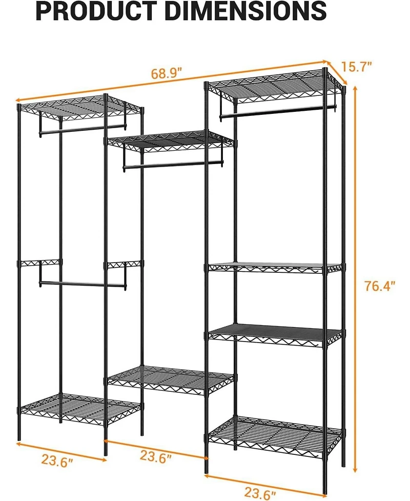 gaomon Metal Clothing Rack with 8 Adjustable Shelves and 4 Hanging Rods, Freestanding Garment Rack Organizer