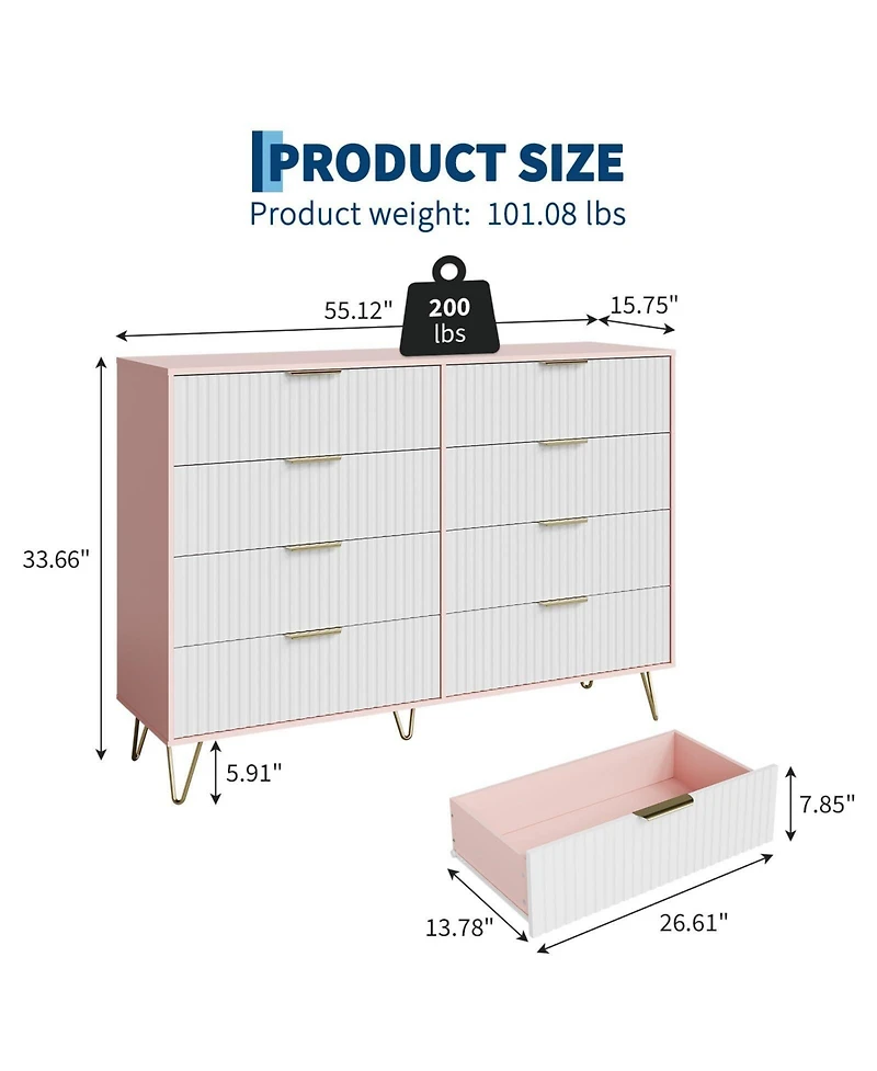 gaomon Fluted 8-Drawer Dresser for Bedroom, 55" Wide Modern Wooden Chest of Drawers, Pink