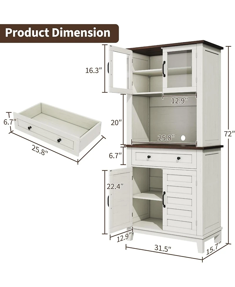 gaomon 72" Farmhouse Coffee Bar Cabinet, Buffet Sideboard with Storage Drawers and Glass Doors for Kitchen or Dining Room, White
