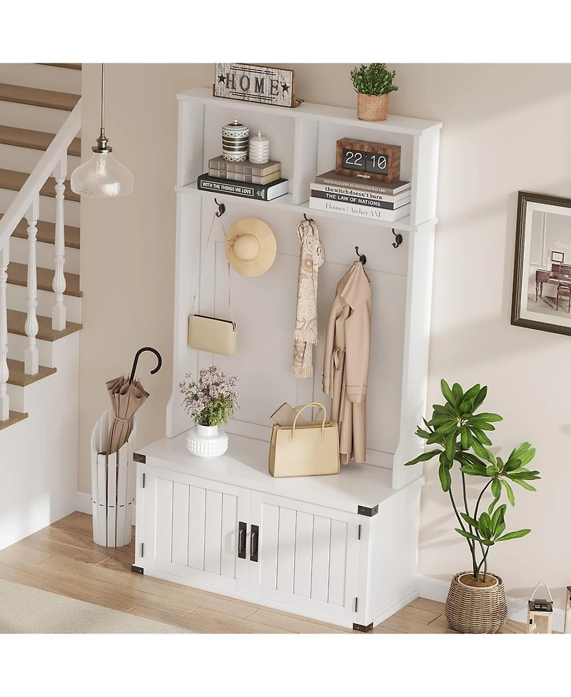 gaomon Hall Tree with Shoe Storage Bench, 4-in-1 Entryway Bench with Coat Rack and Adjustable Shelf, White